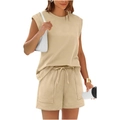 Detail of beige sleeveless round neck top and drawstring shorts with side pockets - Apricot