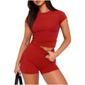 Detail of dark red crew neck short sleeve T-shirt and slim fit biker shorts set - Red