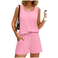 Pink casual summer set featuring sleeveless vest and drawstring shorts with side pockets - Pink