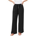Pantalon large décontracté pour femme à taille haute avec cordon de serrage et boutons blancs - S / Noir