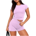 Close-up of lavender knit fabric on slim fit T-shirt and high waist shorts set - Purple