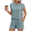 Casual two-piece dusty blue ribbed knit set with cap sleeve top and elastic shorts - Lake Blue