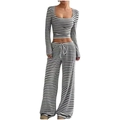 Women's two-piece black and white striped outfit with crop top and wide-leg trousers - Black