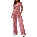 Detail of knit ribbed texture on v-neck top and high waist wide leg pants set - Pink