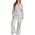 Detail of grey V-neck sweatshirt and drawstring joggers set with vertical leg stitching - Light Gray