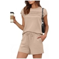 Women's summer casual two-piece set featuring pleated short sleeve top and drawstring shorts - Khaki