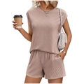 Close-up of ribbed knit fabric texture on women's casual two-piece summer shorts set - S / Top And Bottom / Khaki