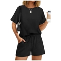 Women's black two-piece casual set with oversized t-shirt and drawstring shorts - S / Top And Bottom / Black
