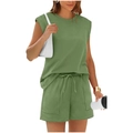 Close-up of women's sage green knit set showing drawstring waistband and side pockets - Army Green