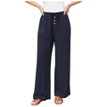 Pantalon large bleu marine à taille haute pour femme avec cordon de serrage et boutons - S / Bleu marine