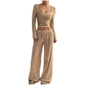 Women's two-piece striped set featuring U-neck crop top and high waist wide leg pants - Coffee