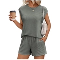 Detailed close-up of sage green ribbed knit texture on women's casual two-piece summer set - Lead Grey