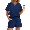 Detail of navy blue oversized t-shirt and drawstring shorts set with rolled sleeve cuffs - S / Top And Bottom / Navy Blue
