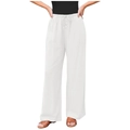 Detail of white wide-leg linen pants featuring elastic drawstring waist and button accents - White