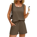 Detail of coffee brown two-piece set featuring drawstring shorts and sleeveless top - Dark Brown