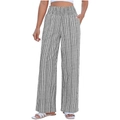Detail of high waisted striped wide leg pants with smocked elastic waistband and pockets - S / Black