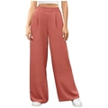 Women's high waist wide leg rust red trousers with textured fabric and pockets - Watermelon red