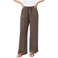 Women high waist brown wide leg trousers with drawstring and button detail in cotton linen - Coffee