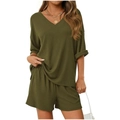 Olive green knit two-piece set featuring a V-neck short sleeve top and loose shorts - S / Top And Bottom / Army Green
