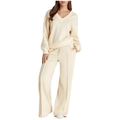Women's 2-piece lounge set with V-neck sweatshirt and drawstring wide-leg pants in beige - Apricot