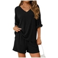 Women's two-piece black knit lounge set with V-neck short sleeve top and shorts - S / Top And Bottom / Black