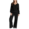 Conjunto casual negro de dos piezas para mujer con sudadera de pico y pantalón ancho - S / Negro