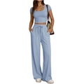 Completo casual da donna in azzurro con crop top a maniche corte e pantaloni a gamba larga - Celeste