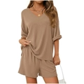 Women's 2-piece loose V-neck short sleeve top and shorts set in khaki ribbed knit fabric - S / Top And Bottom / Khaki