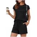 Schwarzes Damen Sommer Zweiteiler Set mit Plissee-Oberteil und Kordelzug Shorts - S / Schwarz