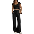 Women's casual black two-piece set featuring cropped short sleeve top and wide-leg trousers - S / Black