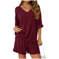 Women's 2-piece lounge set with V-neck top and shorts in wine red ribbed fabric - S / Top And Bottom / Dark Red