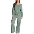 Sage green V-neck sweatshirt and wide leg pants two-piece leisure set for women - Green