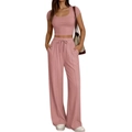 Women's pink two-piece set featuring short sleeve crop top and wide leg drawstring pants - S / Pink