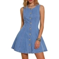Robe en jean sans manches bleu clair coupe ajustée avec boutons dorés et silhouette en ligne A - S / Bleu clair