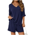 Navy blue ribbed knit two-piece set featuring a V-neck top and elastic shorts for women - Navy Blue