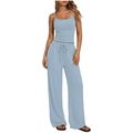 Women's two-piece casual set featuring a light blue ribbed camisole and wide-leg pants - Sky Blue