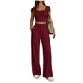 Burgundy two-piece lounge set with rib-knit crop top and wide-leg drawstring trousers - S / Dark Red