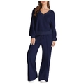 Women's dark blue V-neck knit lounge set featuring high waist wide leg pants with drawstring - Navy Blue