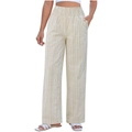 Women high waisted striped wide leg pants with smocked elastic waist in beige white - Apricot