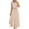 Detail of beige sleeveless crop top and high-waist maxi skirt set with wrinkled texture - Apricot