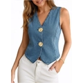 Γυναικείο τζιν γιλέκο με λαιμόκοψη V σε ρετρό μπλε και κομψά χρυσά κουμπιά - S / Ανοιχτό μπλε