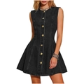 Robe en jean sans manches noire pour femme avec boutons sur le devant et coupe trapèze - S / Noir