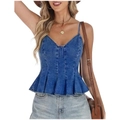 Detail of V-neck denim peplum top featuring ruffles and contrast stitching details - S / Dark Blue