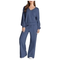 Women's 2-piece lounge set with V-neck sweatshirt and wide-leg pants in dusty blue - Blue