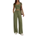 Olive green rib-knit two-piece set featuring short sleeve crop top and wide leg pants - S / Army Green