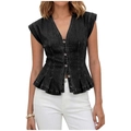 Women's V-neck black denim vest with metal buttons and stylish peplum hem design - S / Black