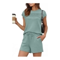 Sage green casual two-piece lounge set with pleated t-shirt and drawstring shorts - Lake Blue