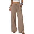 Women's high waist wide leg trousers with elastic drawstring in khaki linen fabric - Khaki