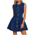 Robe en jean sans manches pour femme bleu foncé avec boutons dorés et coupe trapèze - S / Bleu foncé