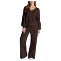 Women's 2-piece lounge set in chocolate brown featuring a V-neck sweatshirt and wide pants - Brown